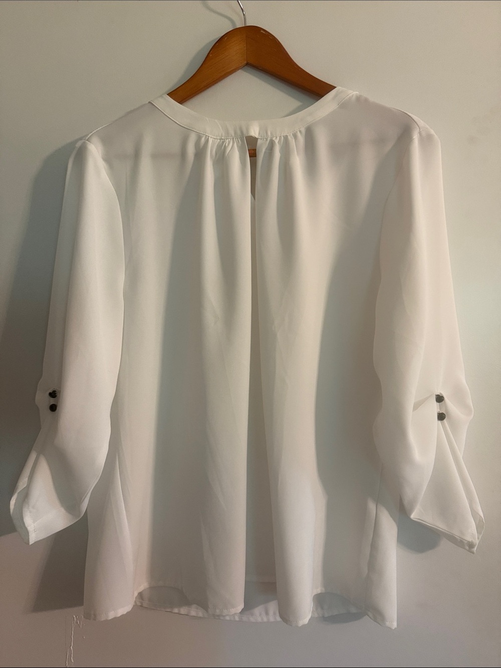 Allegra K White Semi-Sheer Button-Tab Sleeve Blouse